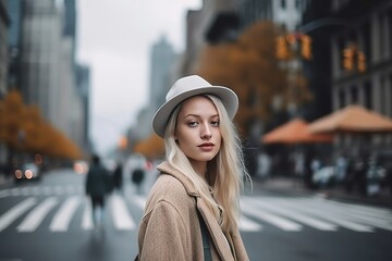 Fototapeta premium A blonde woman wearing a white hat stands on a city street