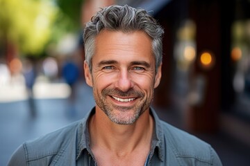 Fototapeta premium A man with a beard and gray hair is smiling and looking at the camera