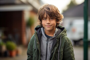 Fototapeta premium A young boy wearing a green jacket and gray hoodie is smiling