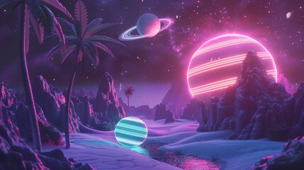 Neon lights and retro elements in a cosmic scene   AI generated illustration