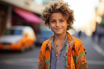 A young boy with curly hair is wearing an orange shirt and smiling
