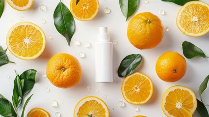 Oranges placed artistically next to a bottle of face cream   AI generated illustration - obrazy, fototapety, plakaty