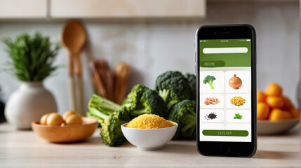 Online cookbook and shopping list through mobile app marketplace. Phone with lunch recipe and ingredients on the screen on the kitchen counter. Modern domestic lifestyle.