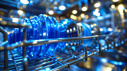 A blue dishwasher rack with a blue bottle on it