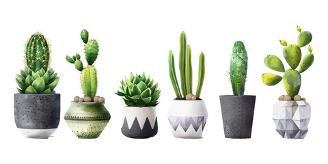 Set of watercolor cactus plants on white background. - obrazy, fototapety, plakaty