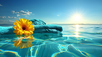 A yellow flower is floating on top of a blue towel in the ocean. The scene is serene and peaceful, with the sun shining brightly in the background - obrazy, fototapety, plakaty