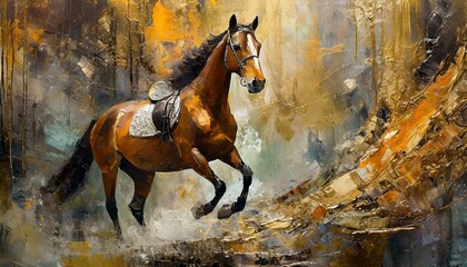 painting of modern abstract art, with metal elements, texture background, and animals and horses:  - obrazy, fototapety, plakaty