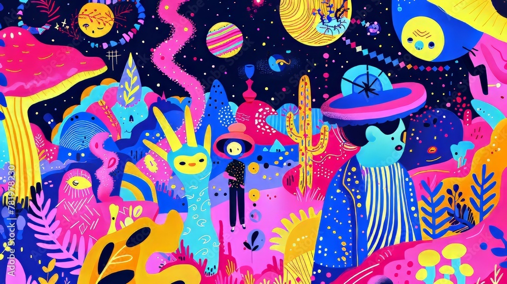 Poster quirky characters and whimsical elements in a psychedelic scene ai generated illustration