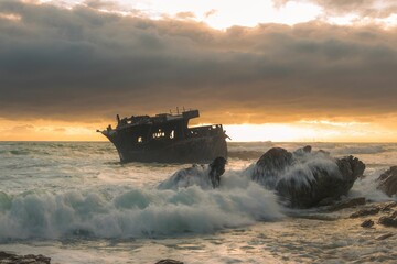 Image of a sing ship in the waves of the sea during the yellow sunset.