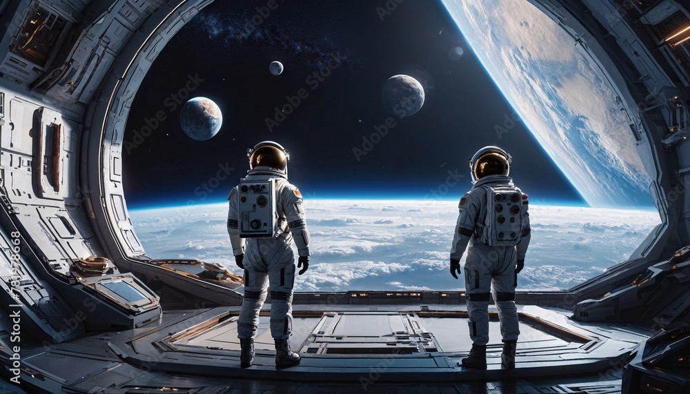 Poster two astronauts standing in a space station on the edge of earth