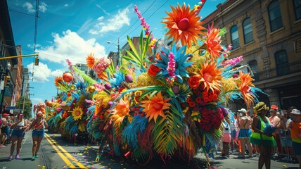 A colorful street procession with floats decorated with - obrazy, fototapety, plakaty