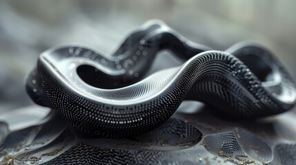 A black, twisted, and twisted object with a shiny surface. The object is made of metal and has a unique, almost alien-like appearance. Concept of mystery and intrigue - obrazy, fototapety, plakaty
