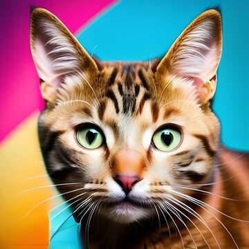 AI generated illustration of A vibrant, multicolored cat with numerous green eyes