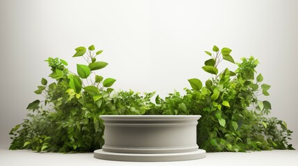 Podium surrounded by green leaves. Isolated on white background