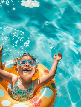 happy little girl wearing swimming goggles and an inflatable ring is playing in the pool on a sunny day. closeup shot of the smiling expressions of children holding toys on their backs, natural light