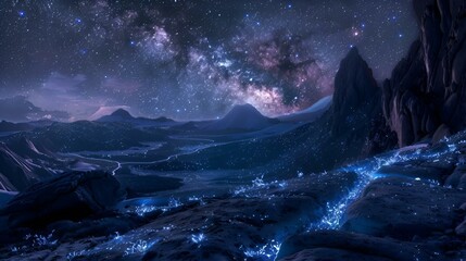 AI generated illustration of a starry sky over river in mountain valley