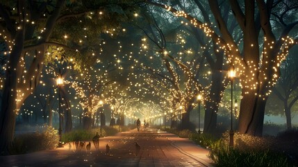 AI generated illustration of a street adorned with twinkling lights on tall trees