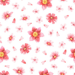 Floral seamless pattern. Watercolor hand-drawn texture with pink flowers. Print for wrapping paper or textile