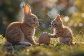 AI generated illustration of adorable kitten and bunny beside an egg