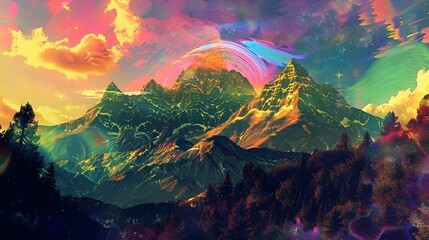 AI generated illustration of a mountain landscape with vibrant rainbow vortex - obrazy, fototapety, plakaty
