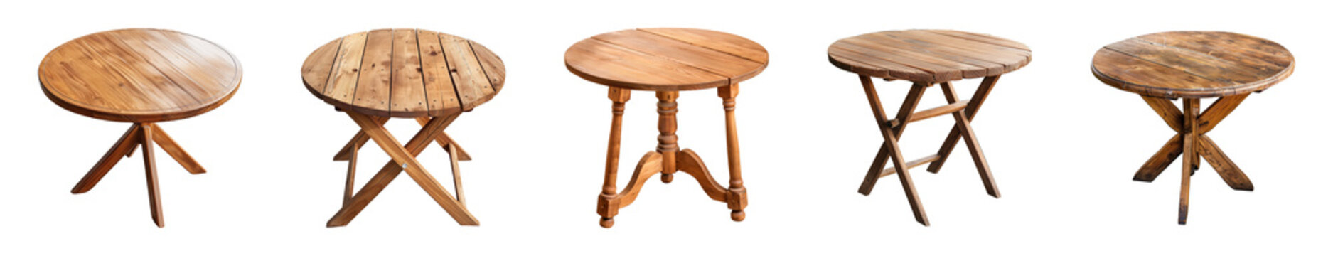 Collection of wooden round table isolated on a transparent background, PNG