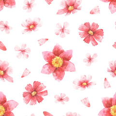 Floral seamless pattern. Watercolor hand-drawn texture with pink flowers. Print for wrapping paper or textile