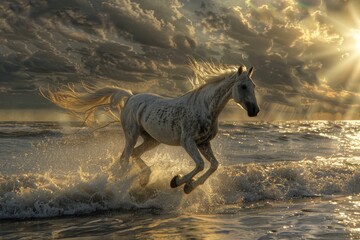 Obraz na płótnie Canvas White Horses Herd in Wild, Running Stallion by Seaside, Beautiful Grey Horse, Sun Rays, Copy Space