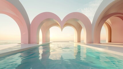 The background is minimal landscape with geometrical heart shapes and a swimming pool in natural daylight.