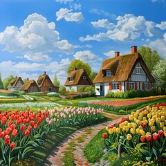 AI generated illustration of vibrant tulips in a pastoral painting with thatched roof farmhouses - obrazy, fototapety, plakaty