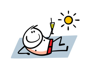 Satisfied stickman in swimming trunks is lying on  beach in  sun, enjoying life. Vector illustration of a guy on the beach holding a glass with an alcoholic cocktail. A man on summer vacation.