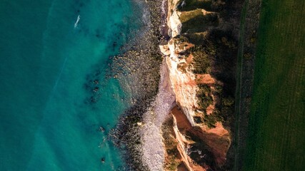 Bird's Eye View of Steep Coast and Blue Water of the English Channel Near Les Petites Dalles