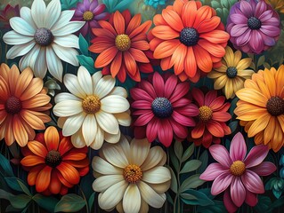 AI generated illustration of a field of daisies with colorful trimmed stems - obrazy, fototapety, plakaty
