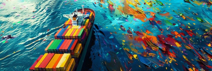 Huge Container Tanker at Sea, Cargo Concept, Loaded Container Ship, Generative AI Illustration