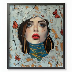 AI generated illustration of an artistic painting in a frame adorned with flowers and butterflies