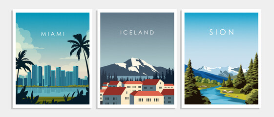 Posters for the wall, set, collection. Posters, travel banners, postcards, covers