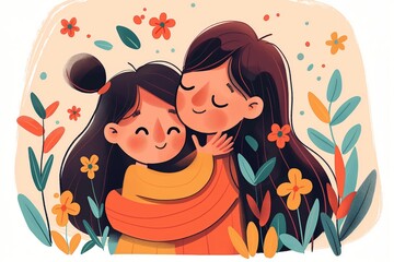 Two girls sharing a loving hug illustration
