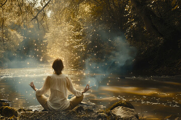 Obraz premium young caucasian woman meditates near river, with aura of energy around, natural background.