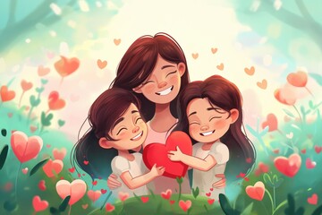 Family hugging and holding a heart shape