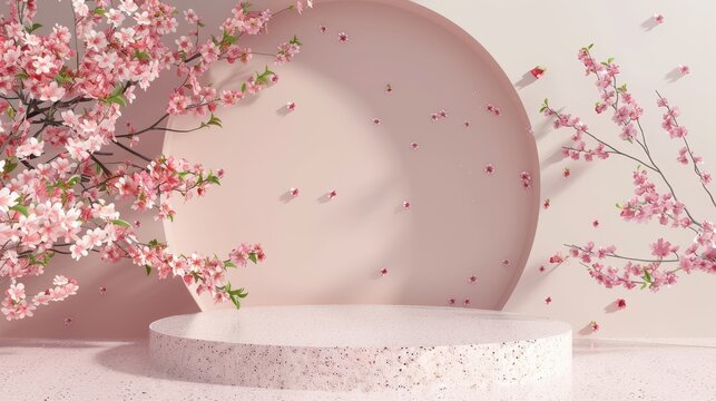 This is a backdrop with a geometric shape and a spring flower. It has a terrazzo texture. It was rendered in 3D.