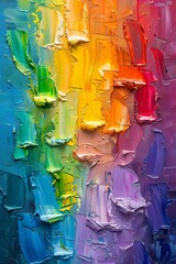 Abstract oil painting of a vibrant rainbow, palette knife technique, on a colorful background with dramatic lighting and vivid highlights