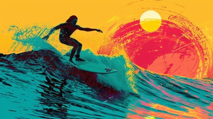 A pop art interpretation of a surfer riding a turquoise wave, with exaggerated lines, simplified details, and a vibrant sunset - obrazy, fototapety, plakaty