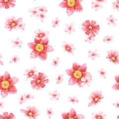 Floral seamless pattern. Watercolor hand-drawn texture with pink flowers. Print for wrapping paper or textile