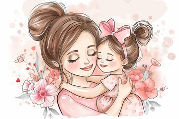 Mother and daughter in illustrated embrace
