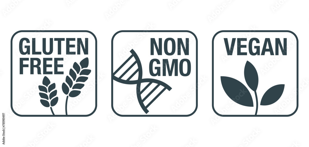 Sticker Vegan, Non-GMO, Gluten free - square icons set