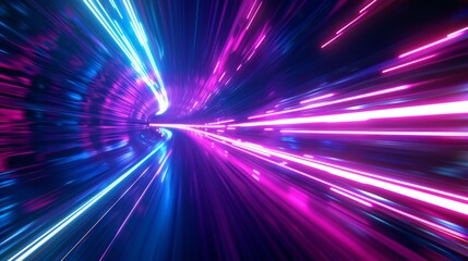 Fototapeta na wymiar Background with neon light effect. Purple and blue beams stretching into tunnel shape. Concept of high speed.