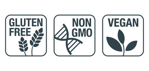 Vegan, Non-GMO, Gluten free - square icons set
