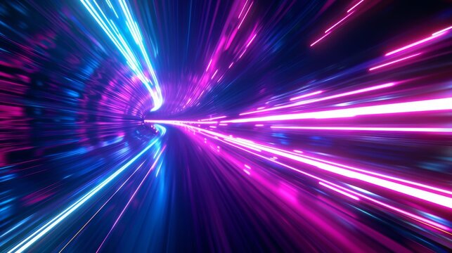 Background with neon light effect. Purple and blue beams stretching into tunnel shape. Concept of high speed.