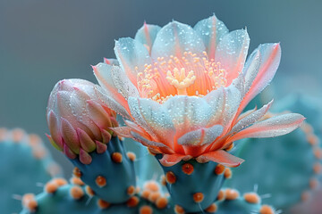 A close-up of a cactus flower in full bloom, showing its delicate petals and vibrant colors