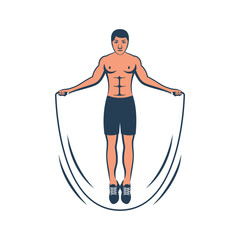 Man jumping rope, black icon. Healthy lifestyle. Beautiful male athlete. Slim body. Vector character. Illustration flat design. Isolated on white background. Active sports cardio exercises.
