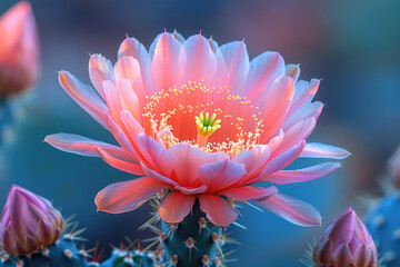 Obraz premium A close-up of a cactus flower in full bloom, showing its delicate petals and vibrant colors